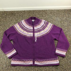 NWOT Vintage Tiara Sweater Fair Isle Cardigan Full Zip Purple Womens XL